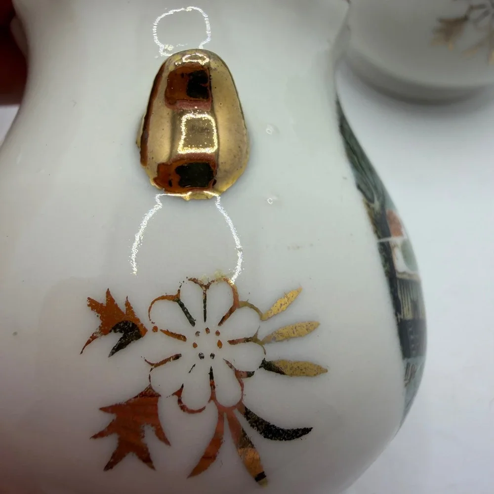 Vintage Enesco Homestead Salt and Pepper Shakers Winter‎ Scenes Gold Trim Set